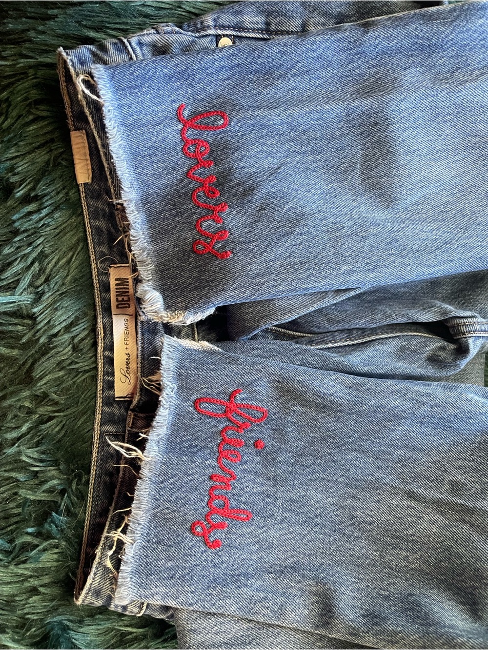 Lovers + Friends Blue Cropped Jeans with Red Script Embroidery